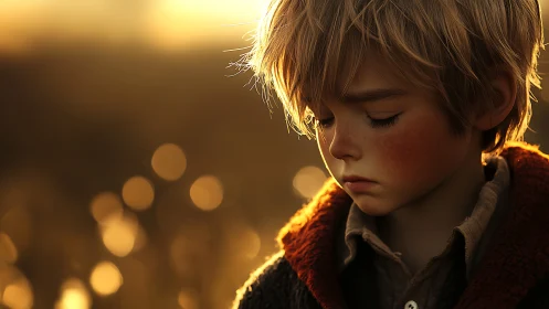 Soft golden dusk around a thoughtful freckled child.