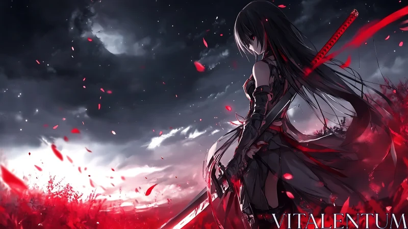 Female swordsman in red-lit field under stormy night sky.