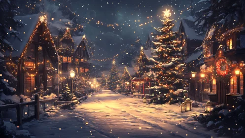 Snowy village street glows with warm and festive Christmas lights