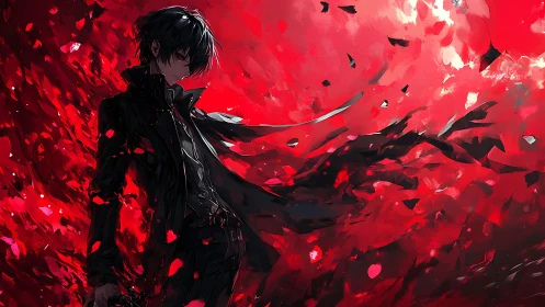 Dark haired anime boy stands amid swirling red shards