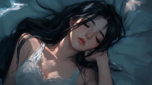 Soft nocturnal portrait depicts a sleeping girl in cool light