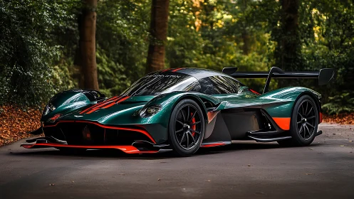 Green and black track-focused hypercar on forest road.