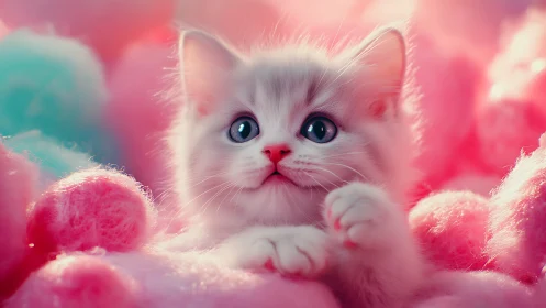 White Kitten in Pink Cloud Setting.