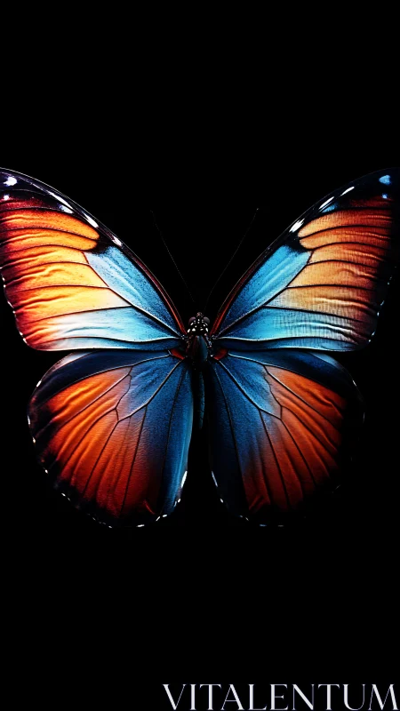 Iridescent dusk butterfly slices darkness with twin fires