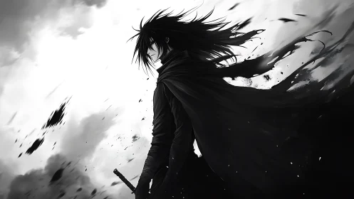 Storm-lit swordsman gazes ahead with windswept resolve