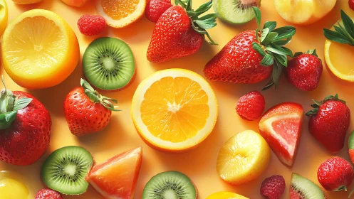 High-saturation macro layout shows sliced citrus and berries on yellow