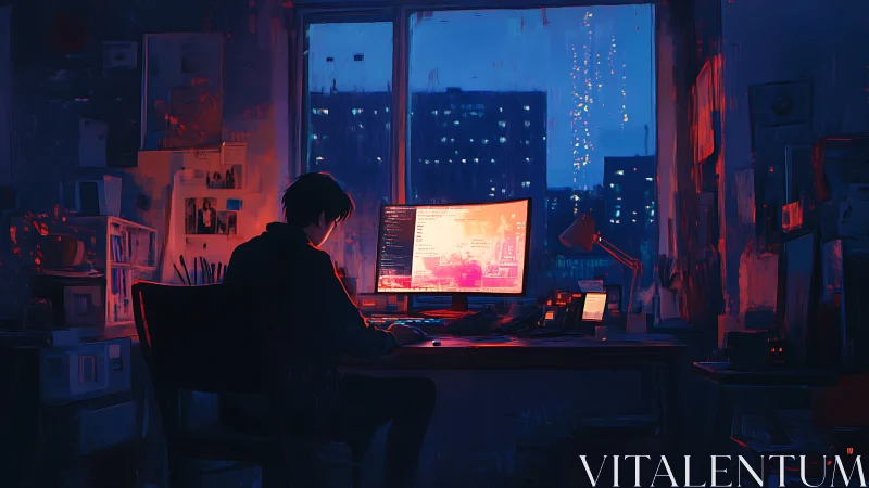 Solitary workstation scene shows coder at ultrawide display