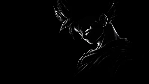 Side-lit anime warrior portrait emerges from black background.