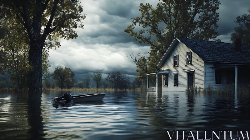Flooded farmhouse rests under stormy, brooding evening sky