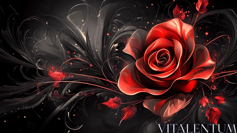 3D rendered red rose with dynamic black swirling ornamental elements