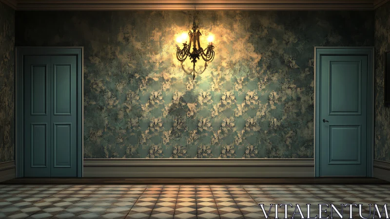 Symmetrical teal corridor with chandelier glow and tiled floor.