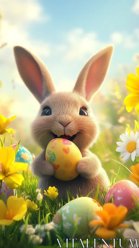 Playful spring bunny cuddling a bright Easter egg in flowers.