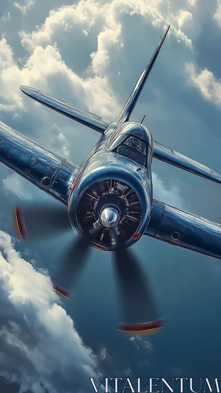 Vintage blue propeller aircraft flying through cloud layer.