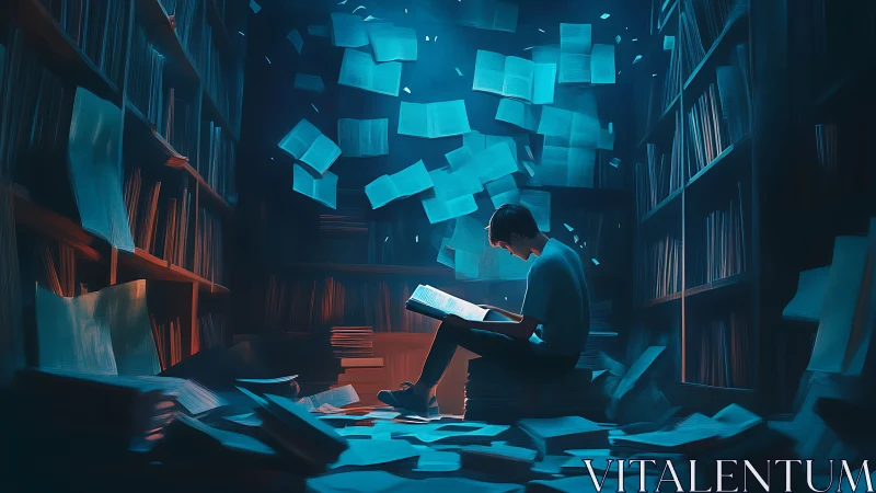 Solitary reader in dim library with suspended loose pages.