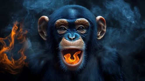 Combustive primate portrait with volumetric smoke rendering.