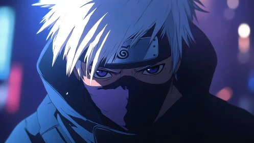 White-haired masked ninja portrait with metallic headband.