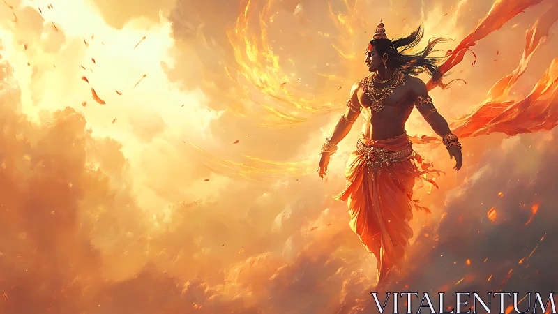 Mythic warrior floats in blazing golden cloud sky scene.