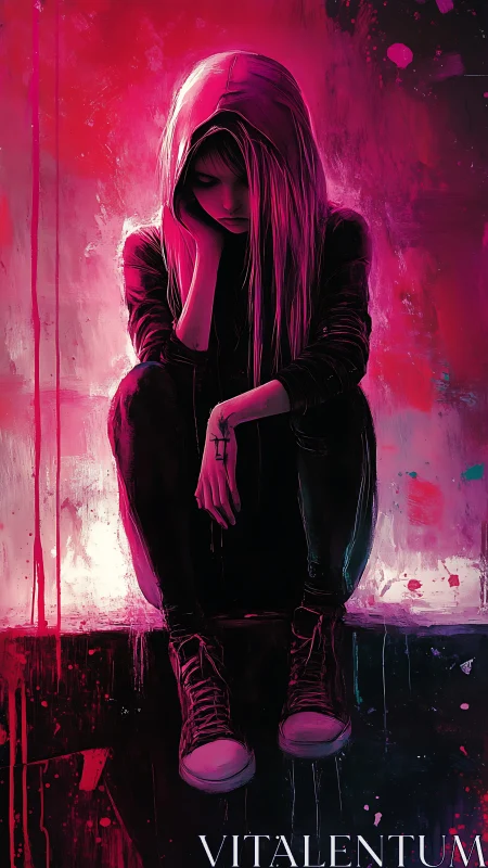 Neon hush girl on the ledge of her own stormy silence.