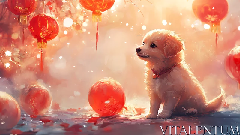 Puppy illuminated by diffuse lantern light in festive bokeh haze