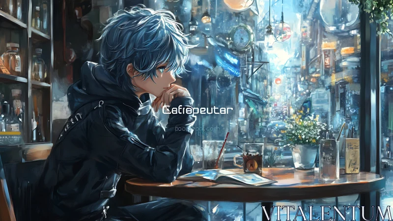 Melancholic blue haired teen in rainy city cafe interior.