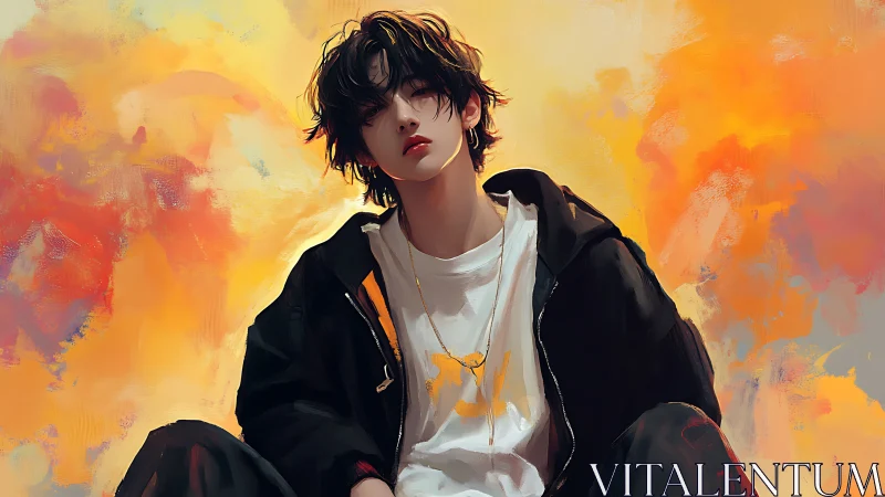 Youth in casual clothing before diffuse warm backdrop.