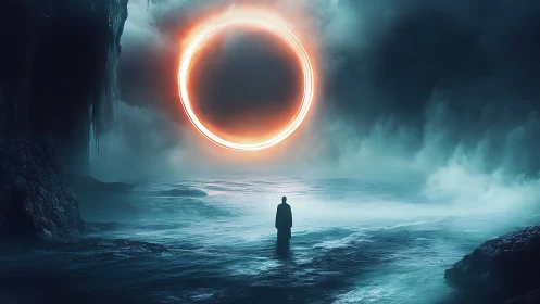 Luminous plasma ring over abyssal shoreline in volumetric fog.