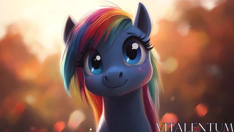 Rainbow-maned cartoon pony in warm autumn bokeh glow.