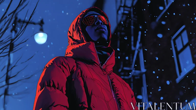 Midnight swagger in neon snow, wrapped in ember-red frost.
