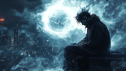 Solitary hooded figure silhouettes against luminous energy sphere