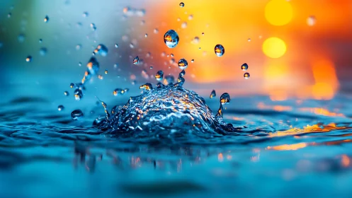Water droplet crown erupts against vivid orange bokeh light