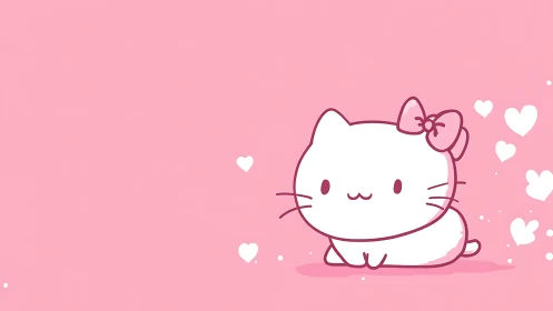 Blush-pink bow cat basking in floating heart fluffiness.