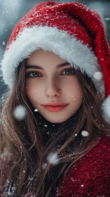 Portrait shows subject in red Santa hat during snowfall