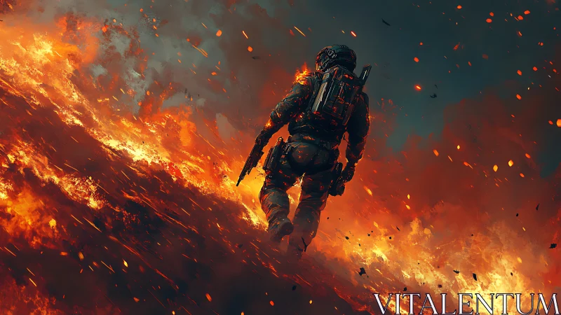Armored Soldier Traversing Inferno: Tactical Combat Through Apocalyptic Firestorm