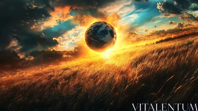 Planet-like sphere over sunset field with clouds and light.