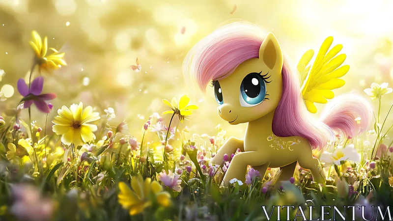 Yellow pegasus pony explores luminous spring meadow