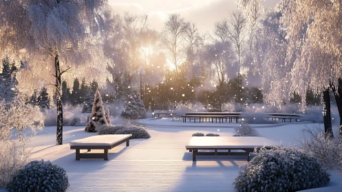 Sunlit winter park with benches in fresh snowfall.