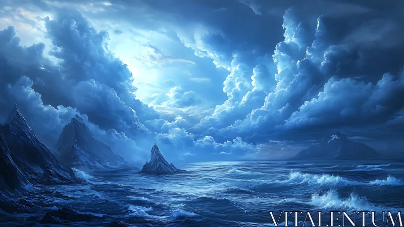 Storm-lit seascape with towering clouds and dark peaks.