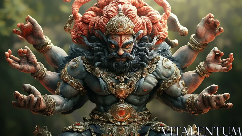 Many-armed forest war-god poised in molten gold fury.