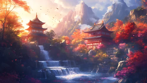 Two red pagodas overlook tiered waterfall in autumn valley