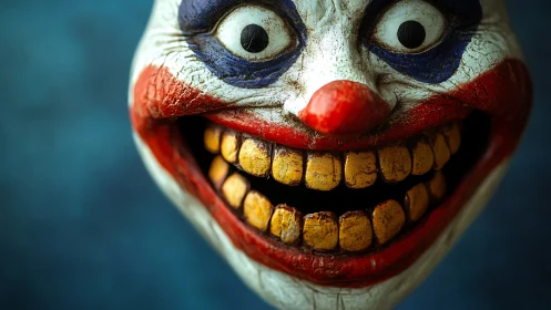 Grotesque clown mask grins eerily against deep teal backdrop