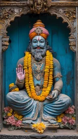 Blue stone deity statue with marigold garlands and carvings