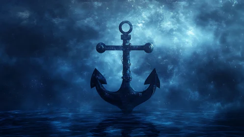 Dark maritime anchor silhouette over reflective water.