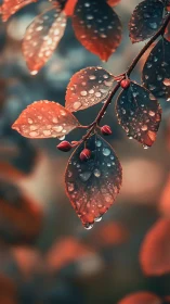 Rain-kissed red leaves glow softly in delicate focus.