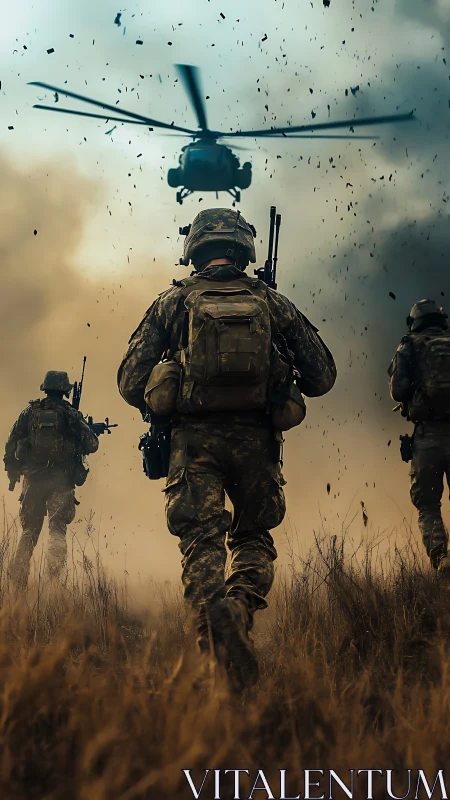 Soldiers advance under low helicopter through dusty battlefield
