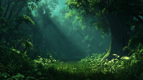 Enchanted Forest Glade with Volumetric Light and Verdant Canopy