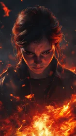 Female Figure Surrounded by Intense Flame and Ember Effects.