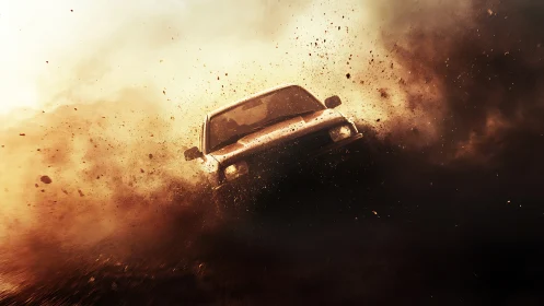 Dusty off-road adventure car charging through golden dusk.