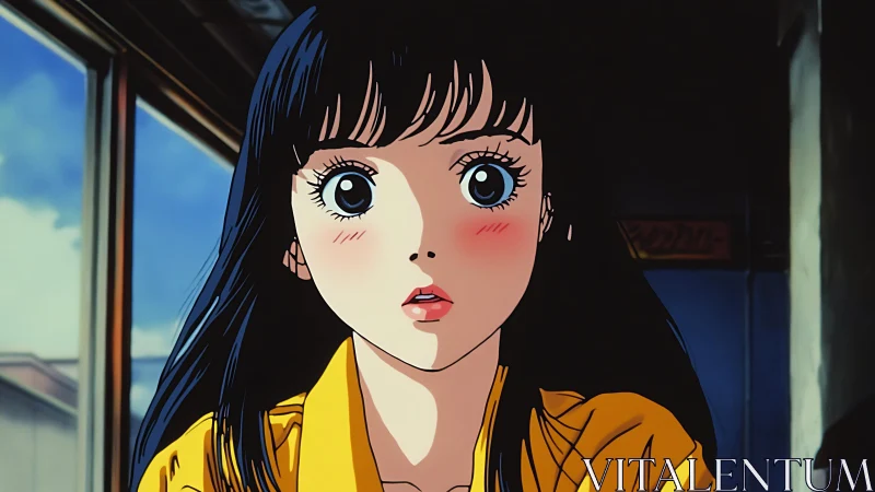 Surprised anime girl portrait in warm interior light.