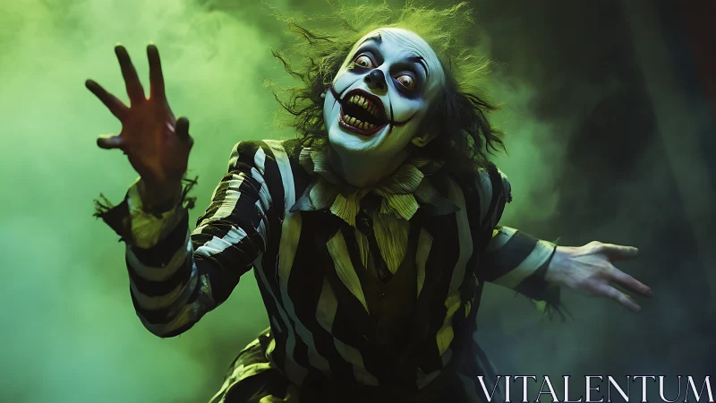 Sinister striped ghoul lunging through toxic green fog.