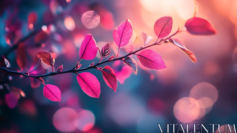 Pink leaves on branch against soft bokeh sunset background.
